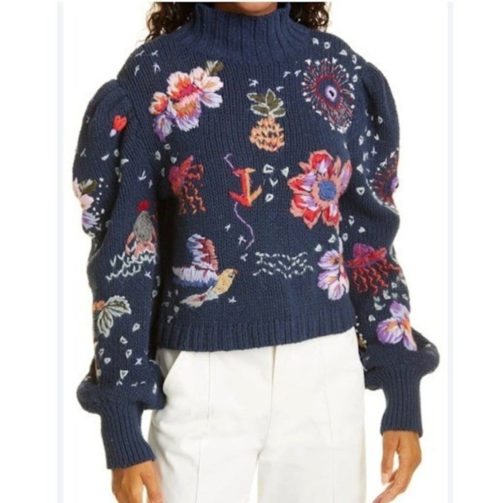 Farm Rio Teal River Creatures Embroidered Puff Sleeve Sweater Navy XS Handmade